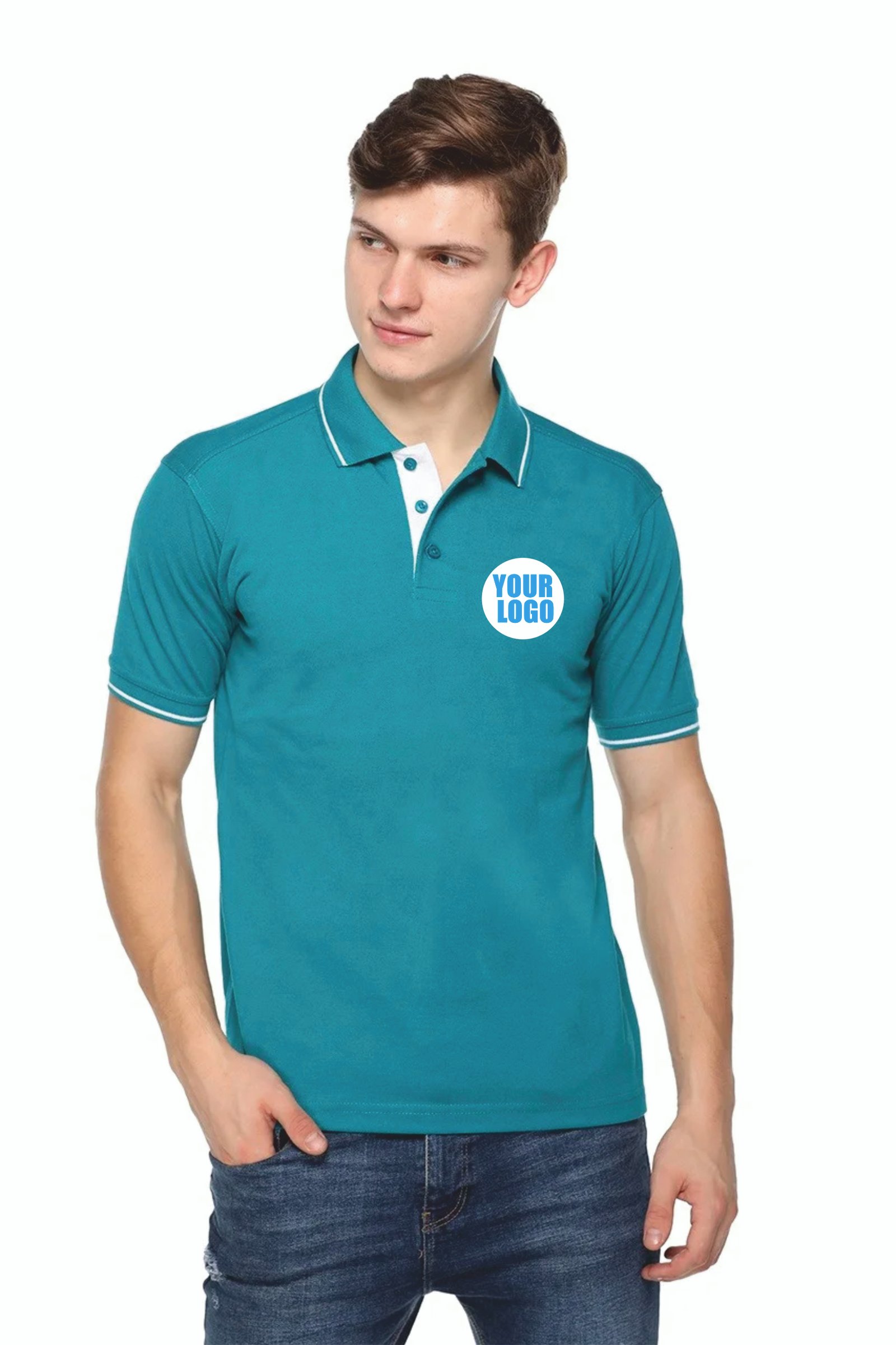 Custom Pikmee Highline Aqua Blue Polo White rib line T-shirt